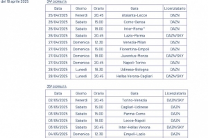 意甲34&35轮时间：4月27日国米vs罗马，5月5日博洛尼亚vs尤文