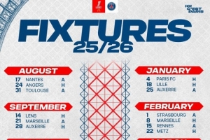 巴黎新赛季联赛赛程：首轮8月17日客战南特 末轮客战巴黎FC