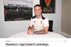 官方：西汉姆签下19岁苏格兰中锋丹尼尔-卡明斯