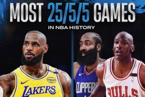 😲美媒晒25+5+5场次：詹姆斯716场 哈登和乔丹一共655场