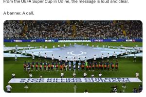 欧足联拉横幅为巴勒斯坦拉发声：停止杀害儿童，停止杀害平民