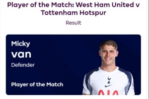 打进1球，官方：范德文当选热刺vs西汉姆一役全场最佳球员