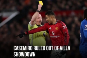 曼联官方：卡塞米罗联赛累计五张黄牌停赛，将缺战维拉