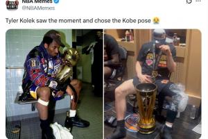 致敬传奇🫡！尼克斯二轮秀科勒克模仿科比的姿势与冠军奖杯合影