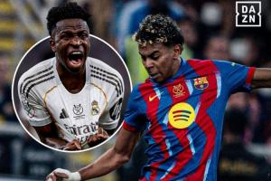 转播方捕捉到维尼修斯比赛时向裁判表达不满：“亚马尔总是假摔”